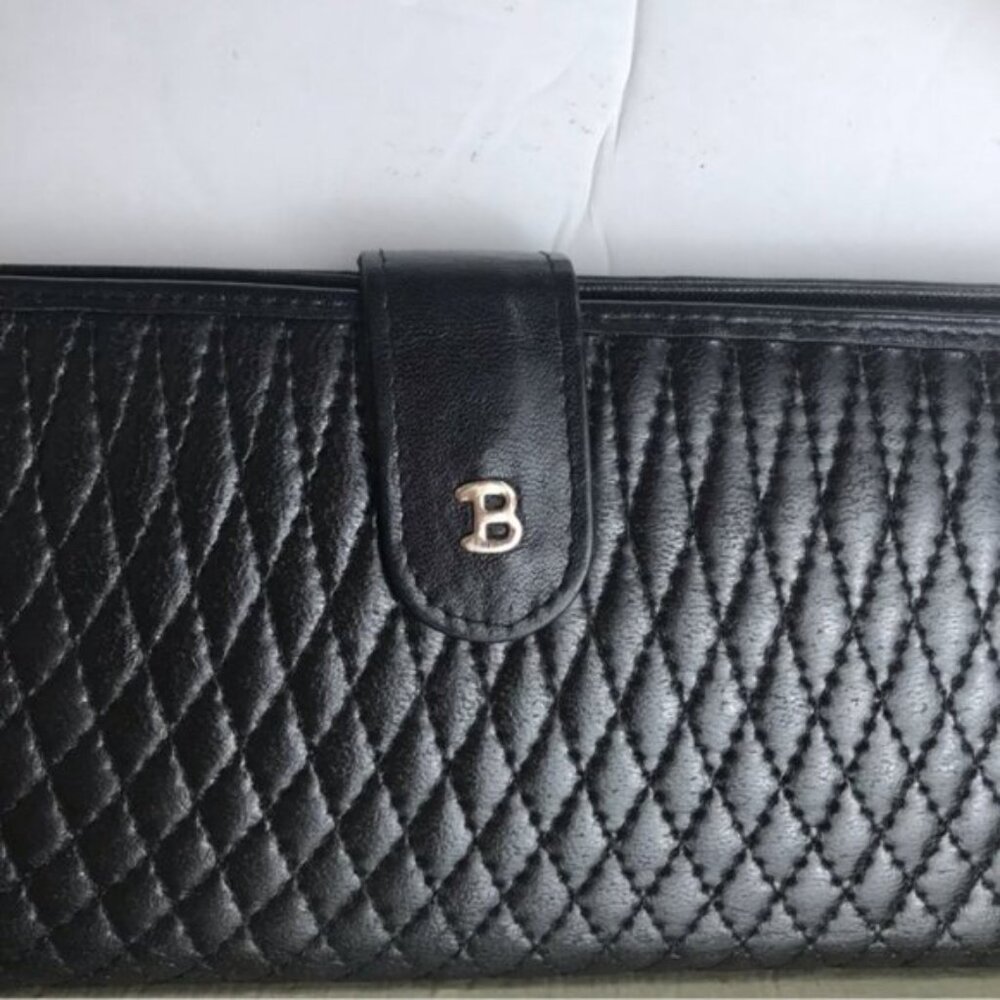 BALLY 80s Vintage Quilted Lambskin Logo Wallet Clutch Black Fold Zipper Bag Gold - Picture 2 of 16